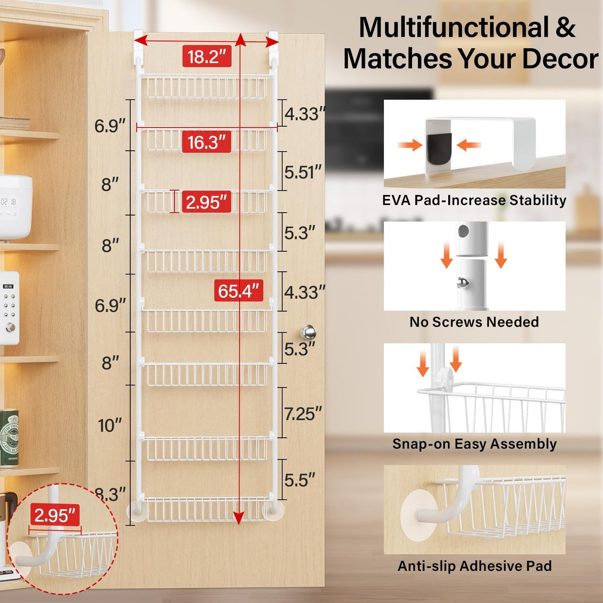 Delamu Over the Door Pantry Organizer, 6-Tier Metal Pantry Door Organization and Storage, Hanging Kitchen Basket Spice Rack Seasoning Shelves, Cabinet Door Organizer for Easy Install,D5xW18xH50inch