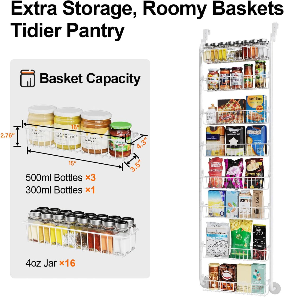 Delamu Over the Door Pantry Organizer, 6-Tier Metal Pantry Door Organization and Storage, Hanging Kitchen Basket Spice Rack Seasoning Shelves, Cabinet Door Organizer for Easy Install,D5xW18xH50inch