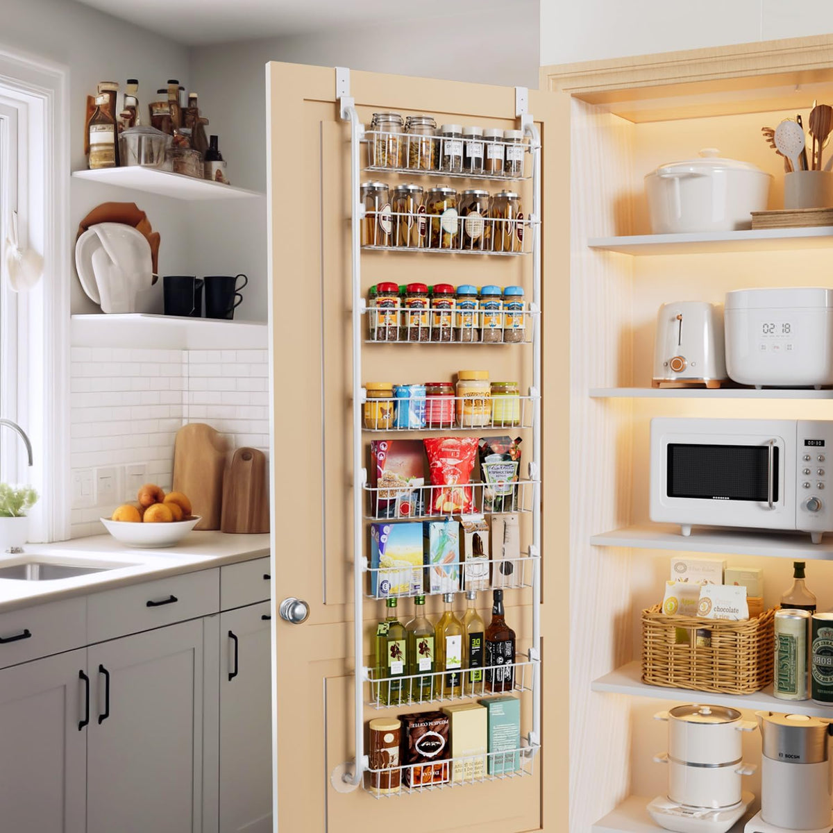 Delamu Over the Door Pantry Organizer, 6-Tier Metal Pantry Door Organization and Storage, Hanging Kitchen Basket Spice Rack Seasoning Shelves, Cabinet Door Organizer for Easy Install,D5xW18xH50inch