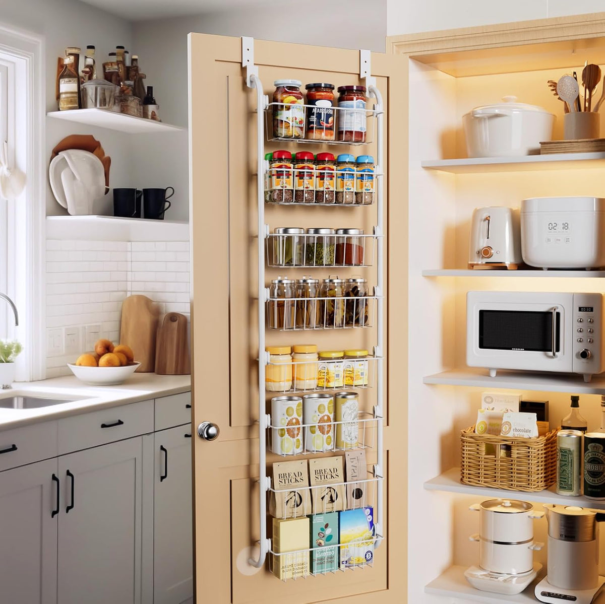 Delamu Over the Door Pantry Organizer, 6-Tier Metal Pantry Door Organization and Storage, Hanging Kitchen Basket Spice Rack Seasoning Shelves, Cabinet Door Organizer for Easy Install,D5xW18xH50inch