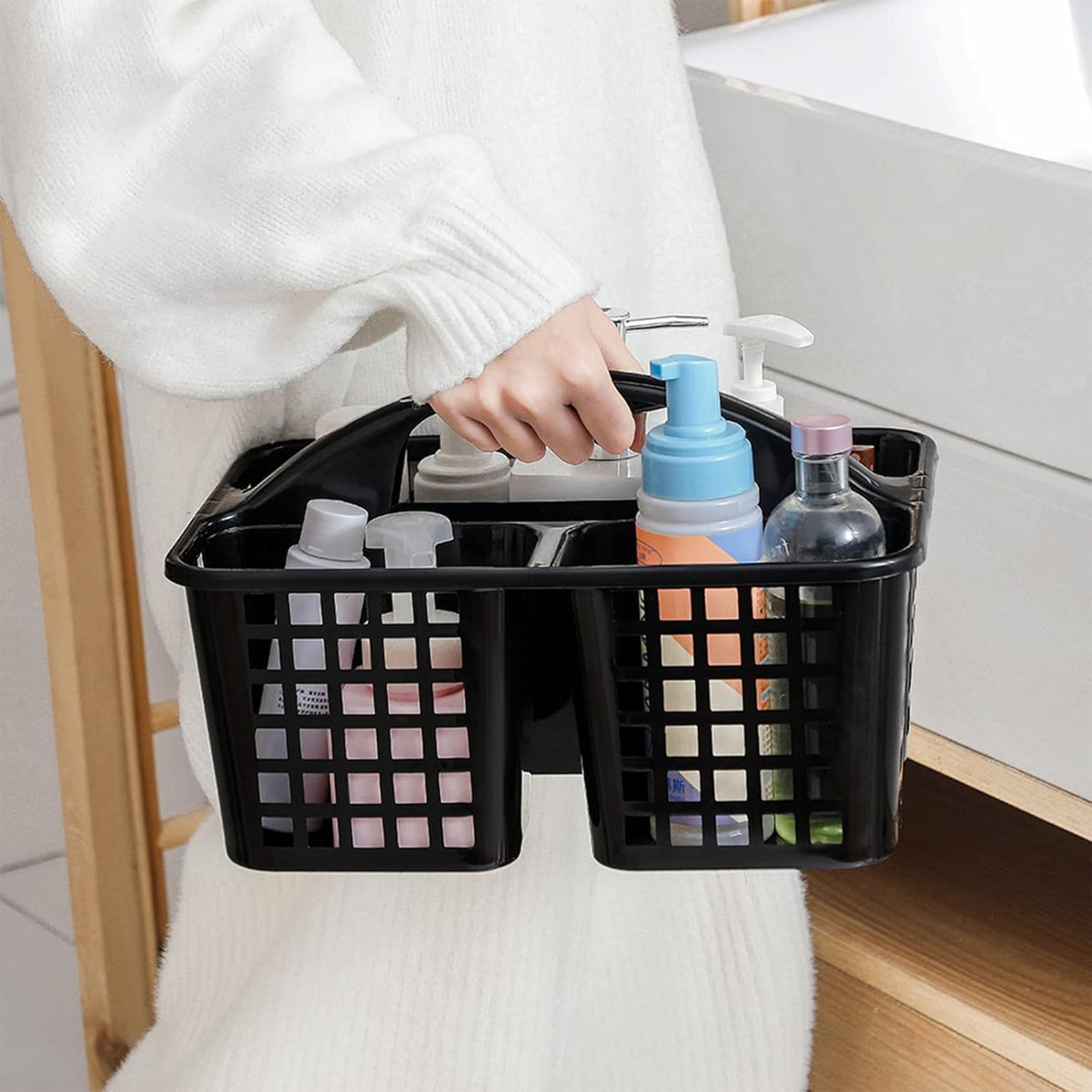 Portable Shower Caddy Basket Plastic Storage Basket with Compartments Grey | Sturdy Large Capacity Cleaning Supplies Organizer Divided Tool Bin for Bathroom Kitchen Bedroom College Dorm Essentials