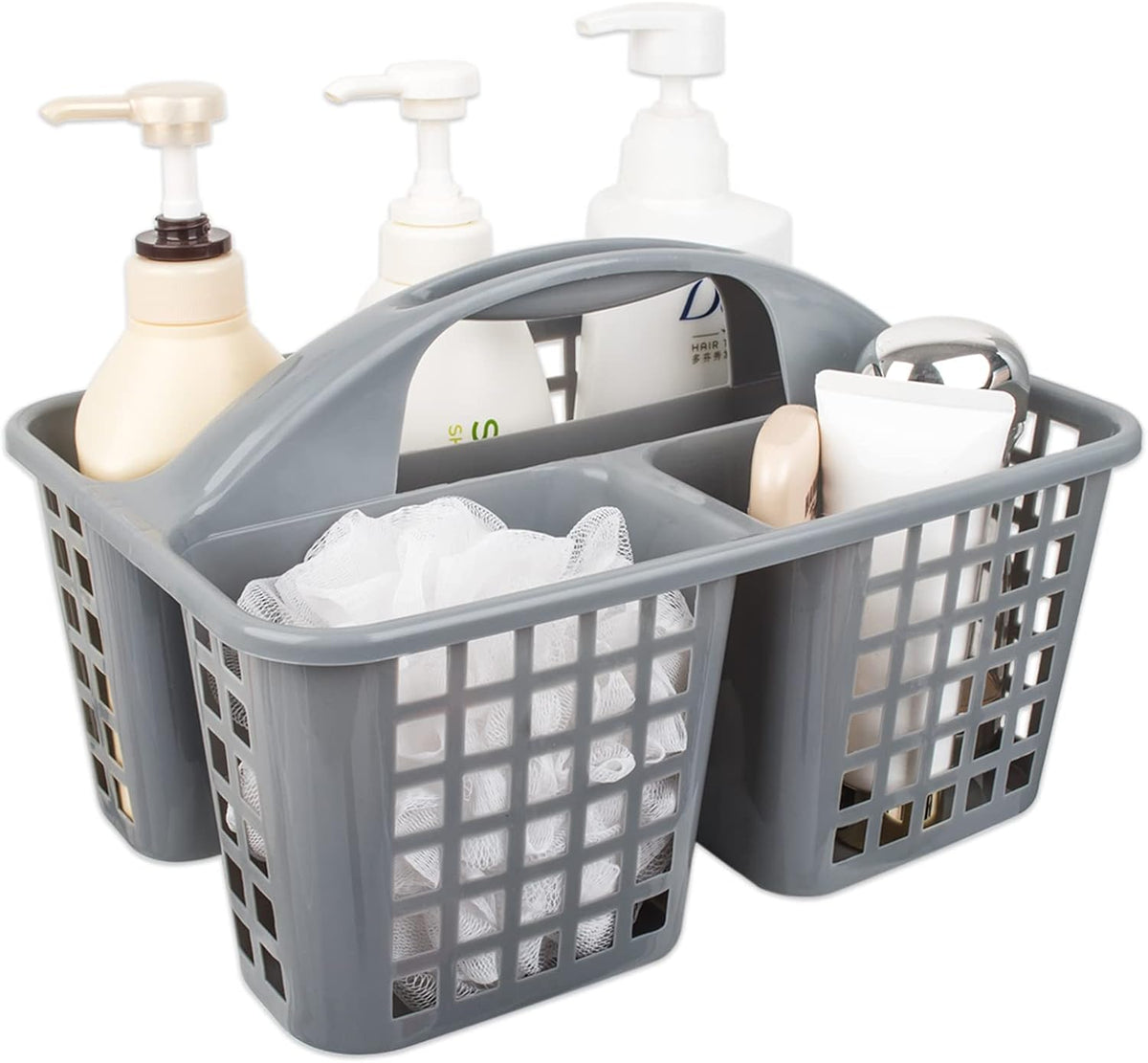 Portable Shower Caddy Basket Plastic Storage Basket with Compartments Grey | Sturdy Large Capacity Cleaning Supplies Organizer Divided Tool Bin for Bathroom Kitchen Bedroom College Dorm Essentials