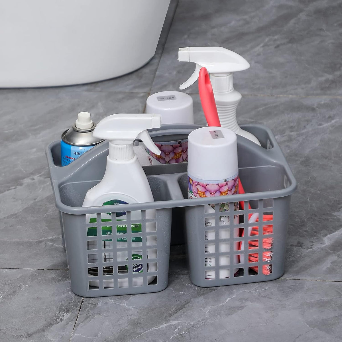 Portable Shower Caddy Basket Plastic Storage Basket with Compartments Grey | Sturdy Large Capacity Cleaning Supplies Organizer Divided Tool Bin for Bathroom Kitchen Bedroom College Dorm Essentials