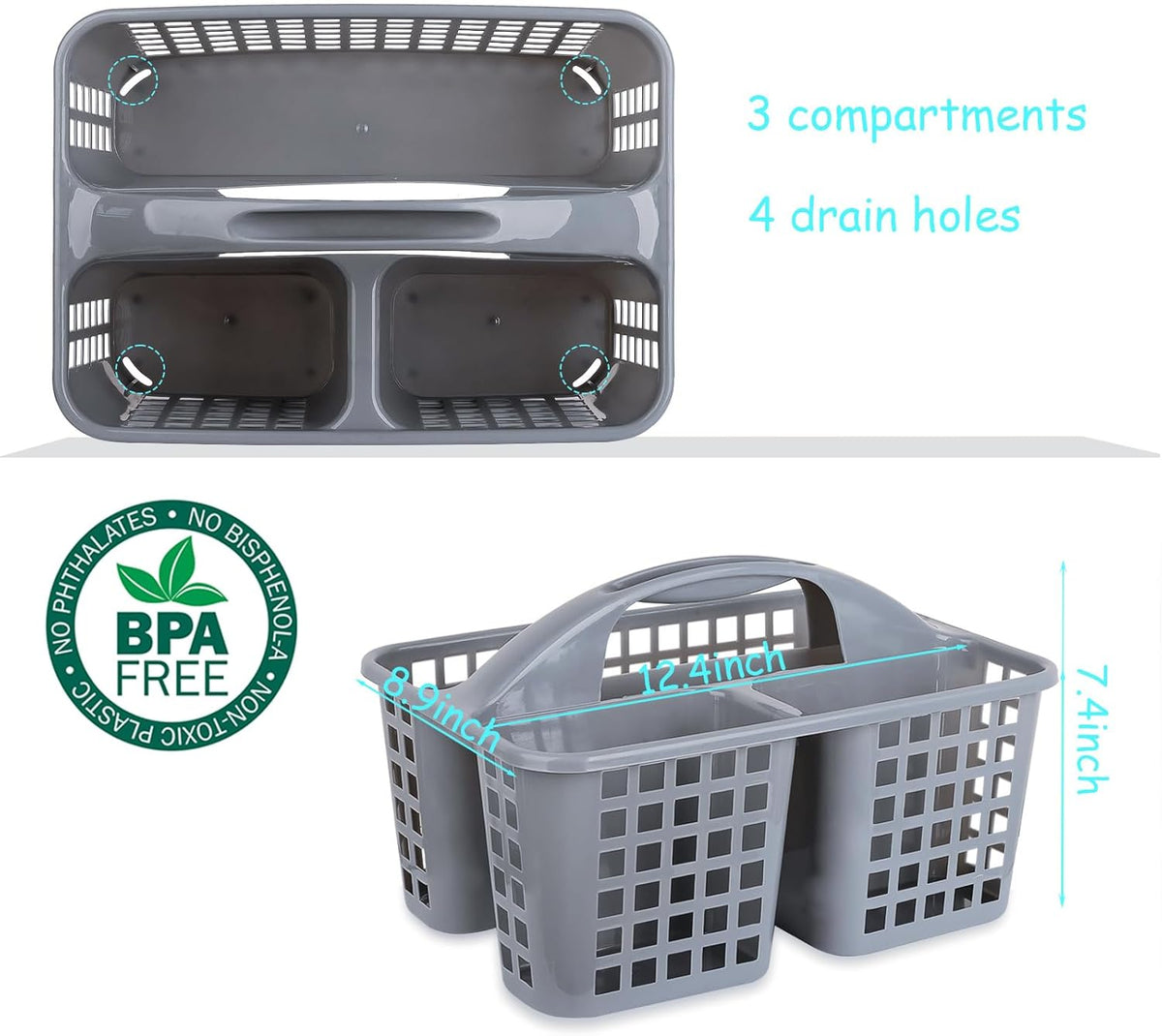 Portable Shower Caddy Basket Plastic Storage Basket with Compartments Grey | Sturdy Large Capacity Cleaning Supplies Organizer Divided Tool Bin for Bathroom Kitchen Bedroom College Dorm Essentials