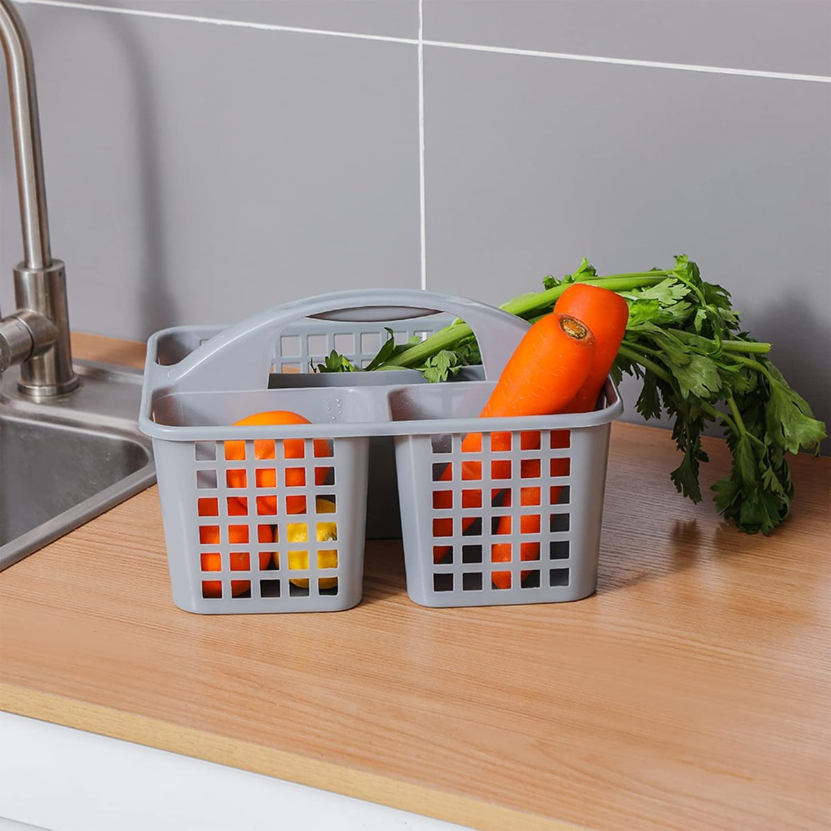 Portable Shower Caddy Basket Plastic Storage Basket with Compartments Grey | Sturdy Large Capacity Cleaning Supplies Organizer Divided Tool Bin for Bathroom Kitchen Bedroom College Dorm Essentials