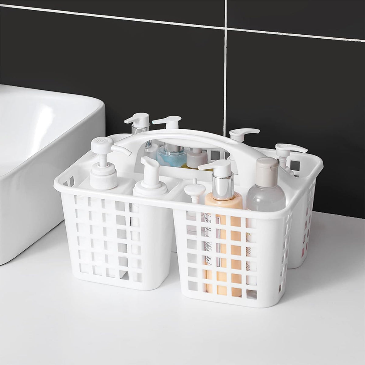 Portable Shower Caddy Basket Plastic Storage Basket with Compartments Grey | Sturdy Large Capacity Cleaning Supplies Organizer Divided Tool Bin for Bathroom Kitchen Bedroom College Dorm Essentials