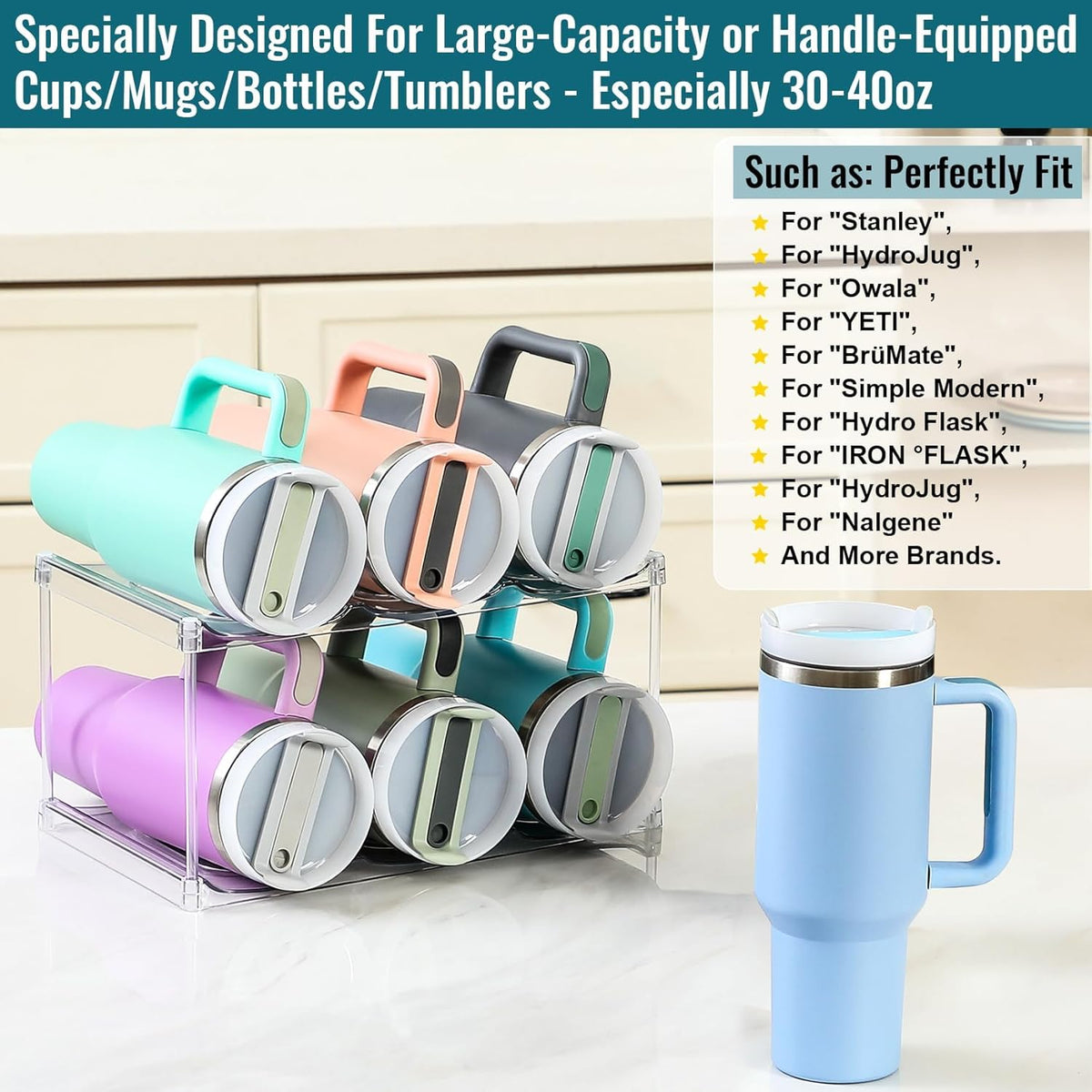Acrylic Water Bottle Organizer, Hold Stanley 40 OZ Cup & Large Bottles & Tumblers w/Handle - Stackable Clear Bottle Holder Rack for Home Kitchen Pantry Shelf Countertop Cabinet, 4 Tier Hold 12