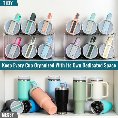 Acrylic Water Bottle Organizer, Hold Stanley 40 OZ Cup & Large Bottles & Tumblers w/Handle - Stackable Clear Bottle Holder Rack for Home Kitchen Pantry Shelf Countertop Cabinet, 4 Tier Hold 12