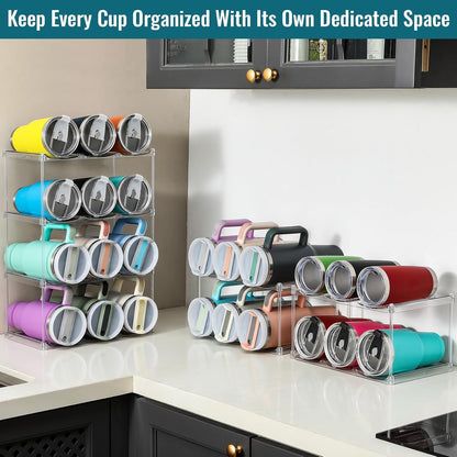 Acrylic Water Bottle Organizer, Hold Stanley 40 OZ Cup & Large Bottles & Tumblers w/Handle - Stackable Clear Bottle Holder Rack for Home Kitchen Pantry Shelf Countertop Cabinet, 4 Tier Hold 12