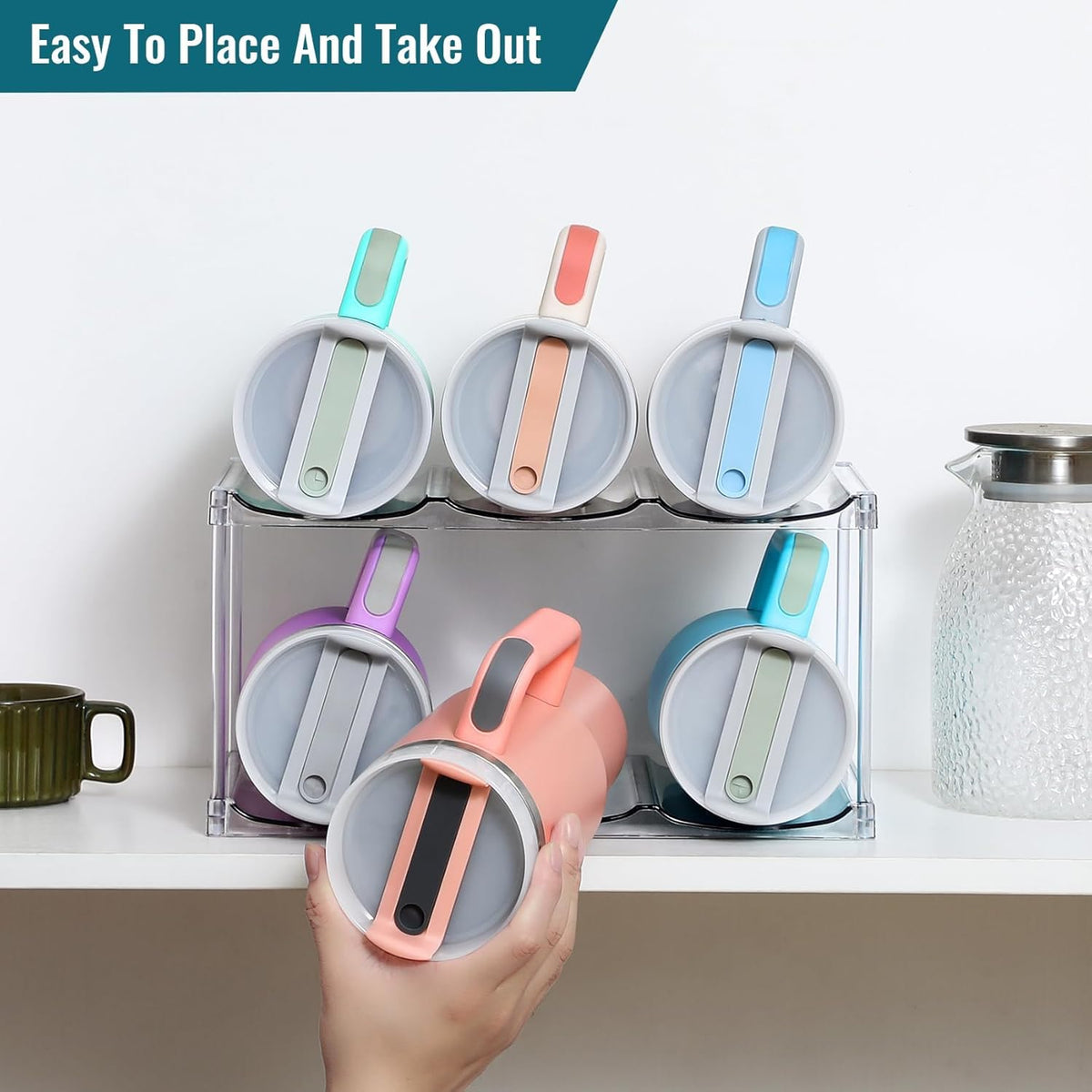Acrylic Water Bottle Organizer, Hold Stanley 40 OZ Cup & Large Bottles & Tumblers w/Handle - Stackable Clear Bottle Holder Rack for Home Kitchen Pantry Shelf Countertop Cabinet, 4 Tier Hold 12