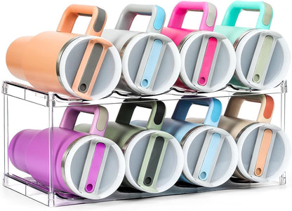 Acrylic Water Bottle Organizer, Hold Stanley 40 OZ Cup & Large Bottles & Tumblers w/Handle - Stackable Clear Bottle Holder Rack for Home Kitchen Pantry Shelf Countertop Cabinet, 4 Tier Hold 12
