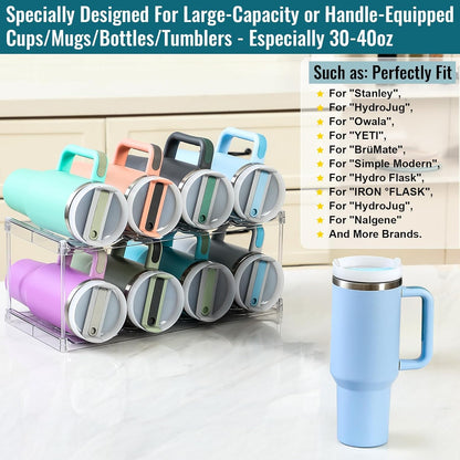 Acrylic Water Bottle Organizer, Hold Stanley 40 OZ Cup & Large Bottles & Tumblers w/Handle - Stackable Clear Bottle Holder Rack for Home Kitchen Pantry Shelf Countertop Cabinet, 4 Tier Hold 12