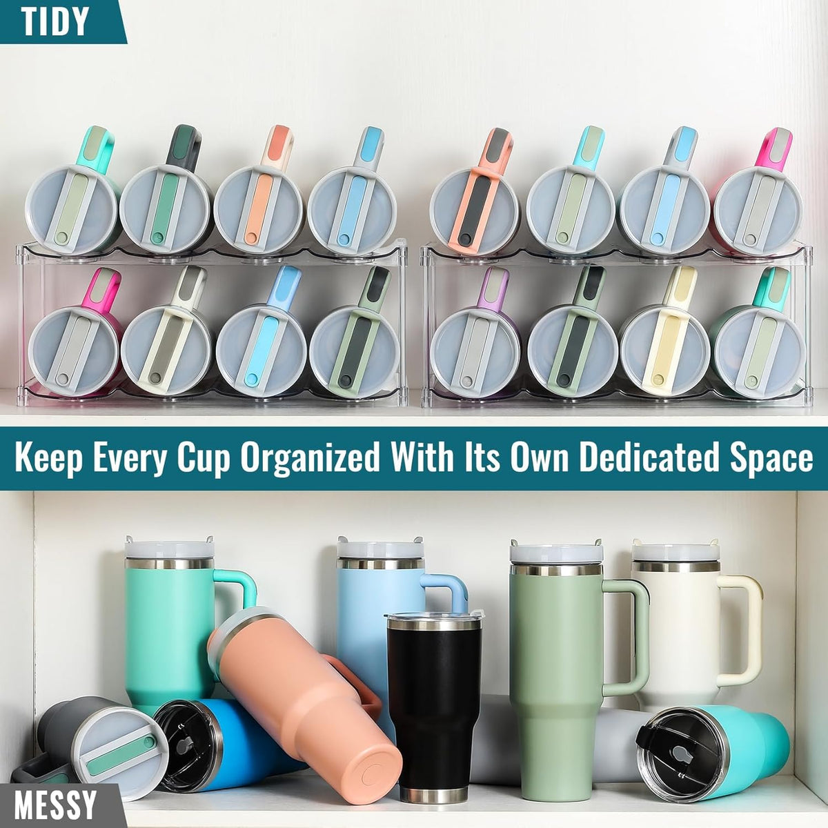 Acrylic Water Bottle Organizer, Hold Stanley 40 OZ Cup & Large Bottles & Tumblers w/Handle - Stackable Clear Bottle Holder Rack for Home Kitchen Pantry Shelf Countertop Cabinet, 4 Tier Hold 12