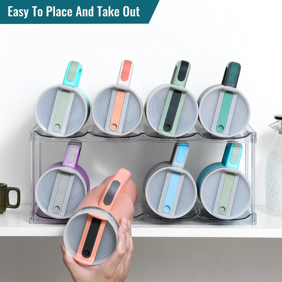 Acrylic Water Bottle Organizer, Hold Stanley 40 OZ Cup & Large Bottles & Tumblers w/Handle - Stackable Clear Bottle Holder Rack for Home Kitchen Pantry Shelf Countertop Cabinet, 4 Tier Hold 12