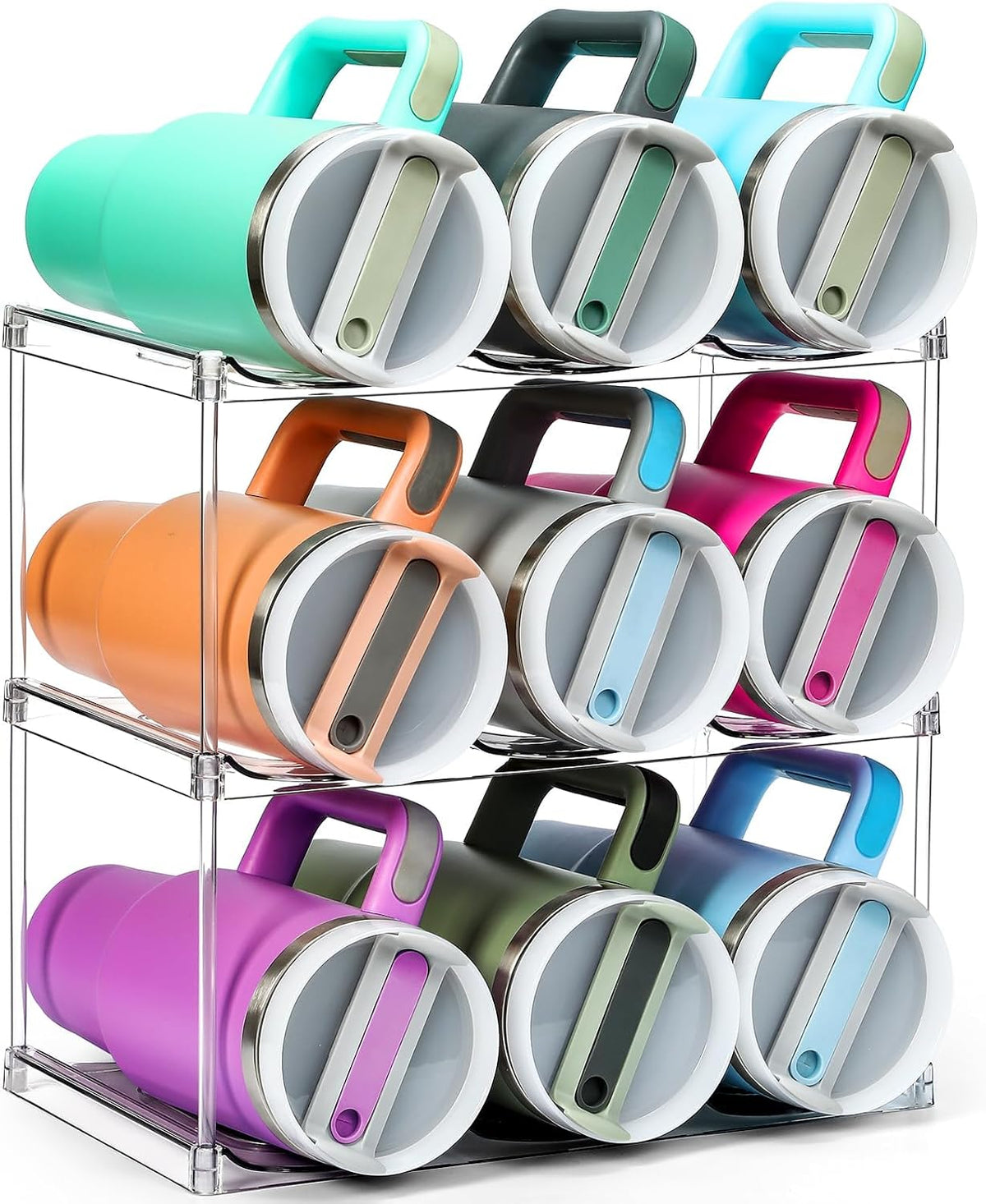 Acrylic Water Bottle Organizer, Hold Stanley 40 OZ Cup & Large Bottles & Tumblers w/Handle - Stackable Clear Bottle Holder Rack for Home Kitchen Pantry Shelf Countertop Cabinet, 4 Tier Hold 12
