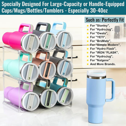 Acrylic Water Bottle Organizer, Hold Stanley 40 OZ Cup & Large Bottles & Tumblers w/Handle - Stackable Clear Bottle Holder Rack for Home Kitchen Pantry Shelf Countertop Cabinet, 4 Tier Hold 12
