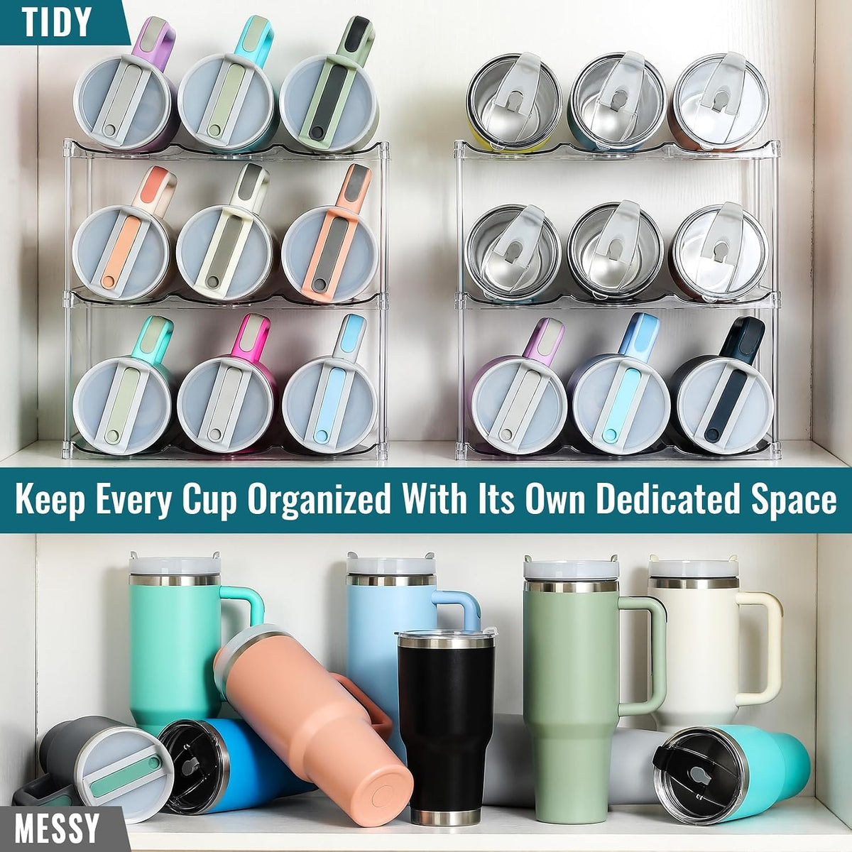 Acrylic Water Bottle Organizer, Hold Stanley 40 OZ Cup & Large Bottles & Tumblers w/Handle - Stackable Clear Bottle Holder Rack for Home Kitchen Pantry Shelf Countertop Cabinet, 4 Tier Hold 12
