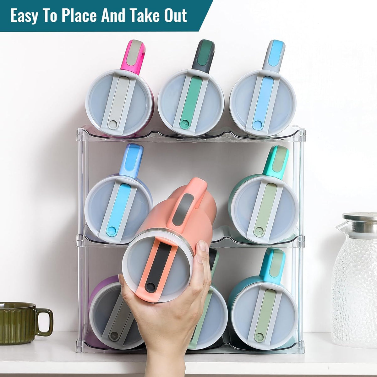 Acrylic Water Bottle Organizer, Hold Stanley 40 OZ Cup & Large Bottles & Tumblers w/Handle - Stackable Clear Bottle Holder Rack for Home Kitchen Pantry Shelf Countertop Cabinet, 4 Tier Hold 12