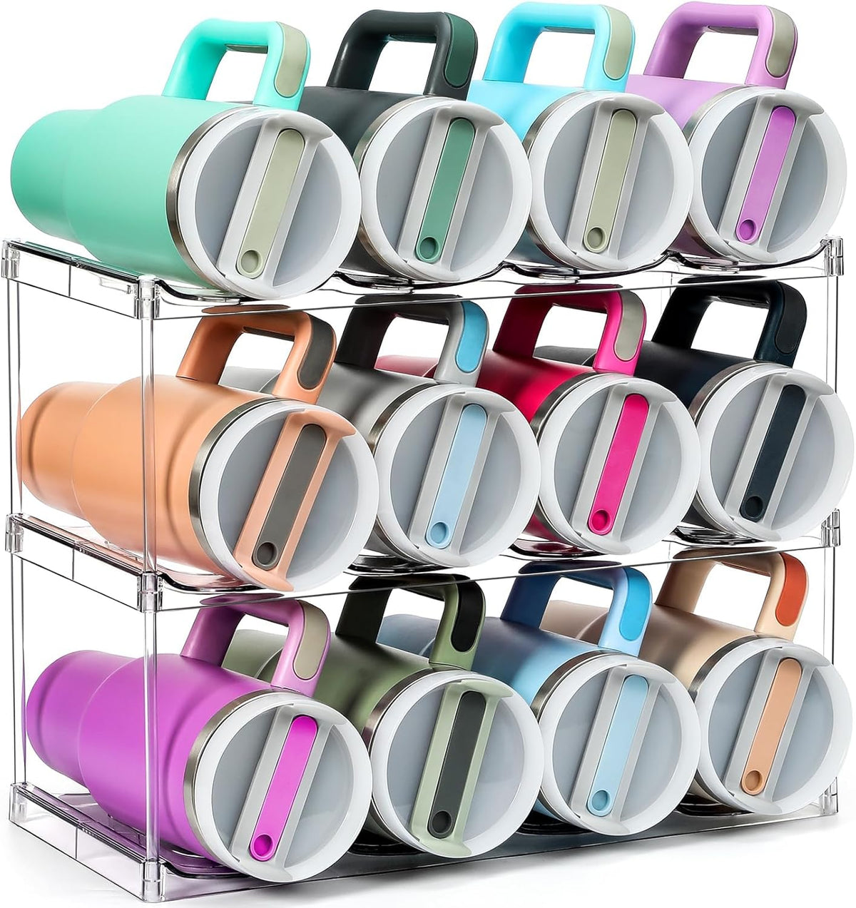 Acrylic Water Bottle Organizer, Hold Stanley 40 OZ Cup & Large Bottles & Tumblers w/Handle - Stackable Clear Bottle Holder Rack for Home Kitchen Pantry Shelf Countertop Cabinet, 4 Tier Hold 12