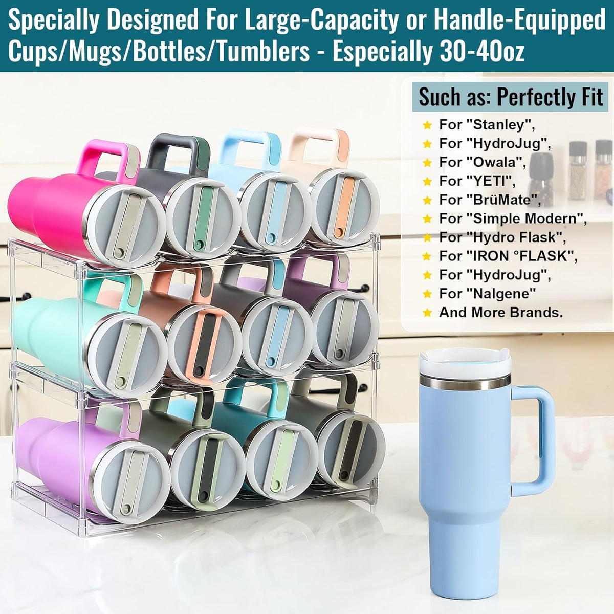 Acrylic Water Bottle Organizer, Hold Stanley 40 OZ Cup & Large Bottles & Tumblers w/Handle - Stackable Clear Bottle Holder Rack for Home Kitchen Pantry Shelf Countertop Cabinet, 4 Tier Hold 12