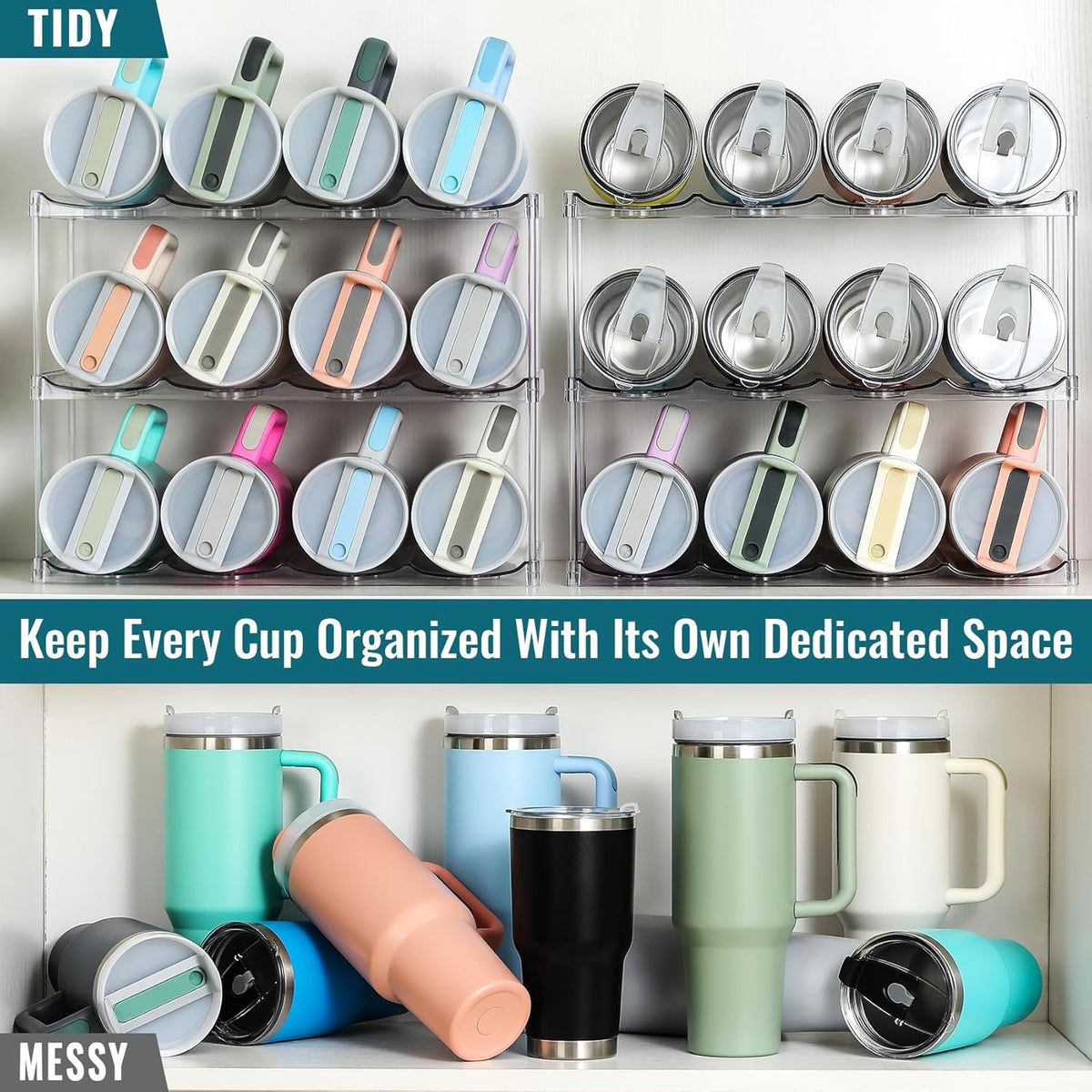 Acrylic Water Bottle Organizer, Hold Stanley 40 OZ Cup & Large Bottles & Tumblers w/Handle - Stackable Clear Bottle Holder Rack for Home Kitchen Pantry Shelf Countertop Cabinet, 4 Tier Hold 12