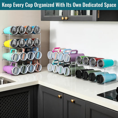 Acrylic Water Bottle Organizer, Hold Stanley 40 OZ Cup & Large Bottles & Tumblers w/Handle - Stackable Clear Bottle Holder Rack for Home Kitchen Pantry Shelf Countertop Cabinet, 4 Tier Hold 12