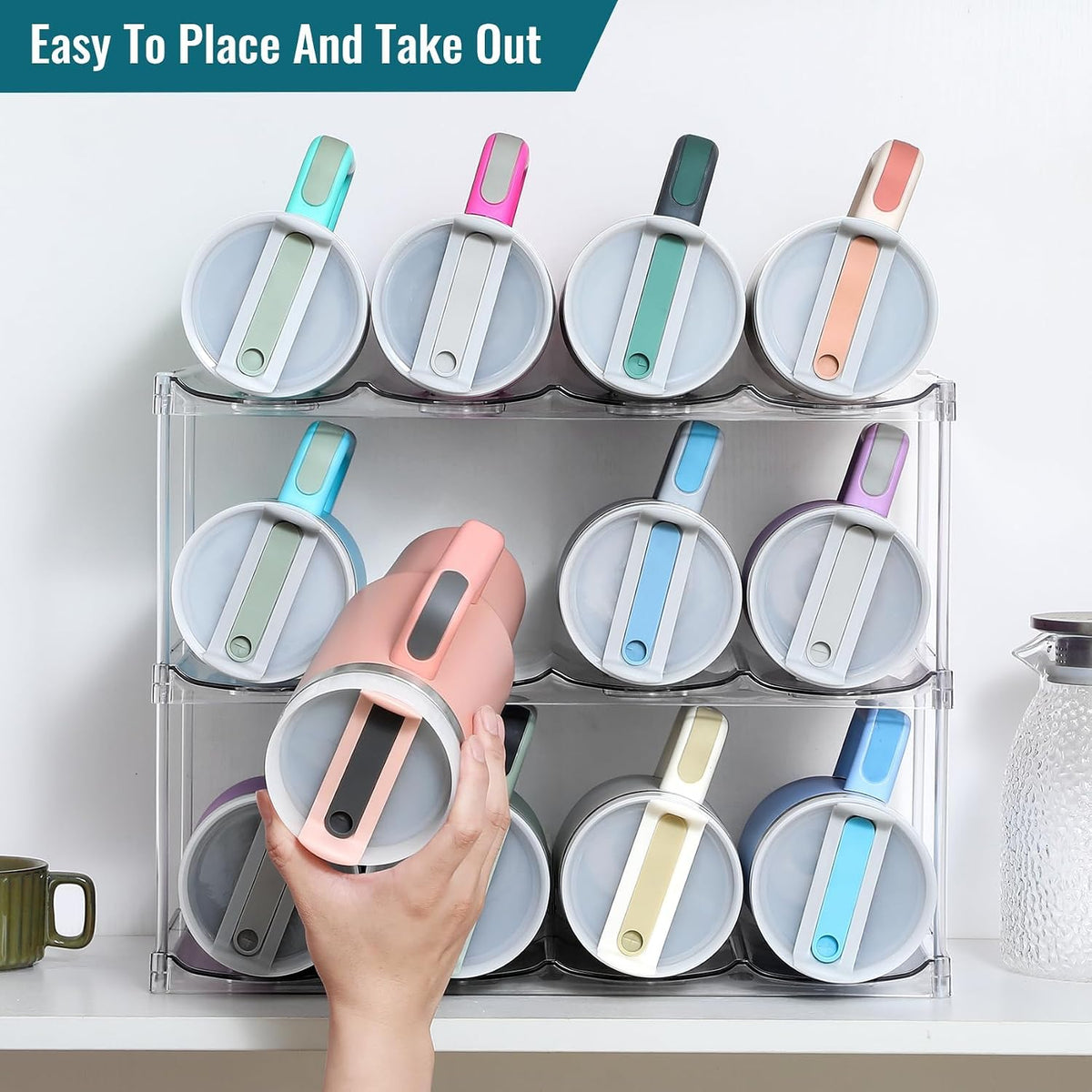 Acrylic Water Bottle Organizer, Hold Stanley 40 OZ Cup & Large Bottles & Tumblers w/Handle - Stackable Clear Bottle Holder Rack for Home Kitchen Pantry Shelf Countertop Cabinet, 4 Tier Hold 12