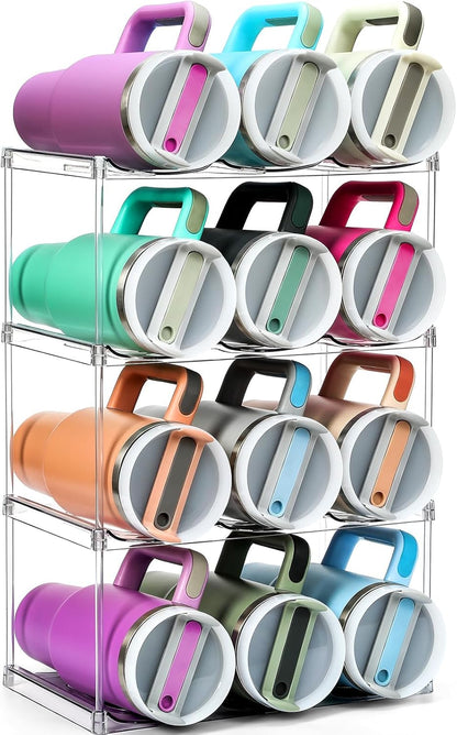Acrylic Water Bottle Organizer, Hold Stanley 40 OZ Cup & Large Bottles & Tumblers w/Handle - Stackable Clear Bottle Holder Rack for Home Kitchen Pantry Shelf Countertop Cabinet, 4 Tier Hold 12
