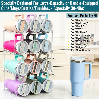 Acrylic Water Bottle Organizer, Hold Stanley 40 OZ Cup & Large Bottles & Tumblers w/Handle - Stackable Clear Bottle Holder Rack for Home Kitchen Pantry Shelf Countertop Cabinet, 4 Tier Hold 12