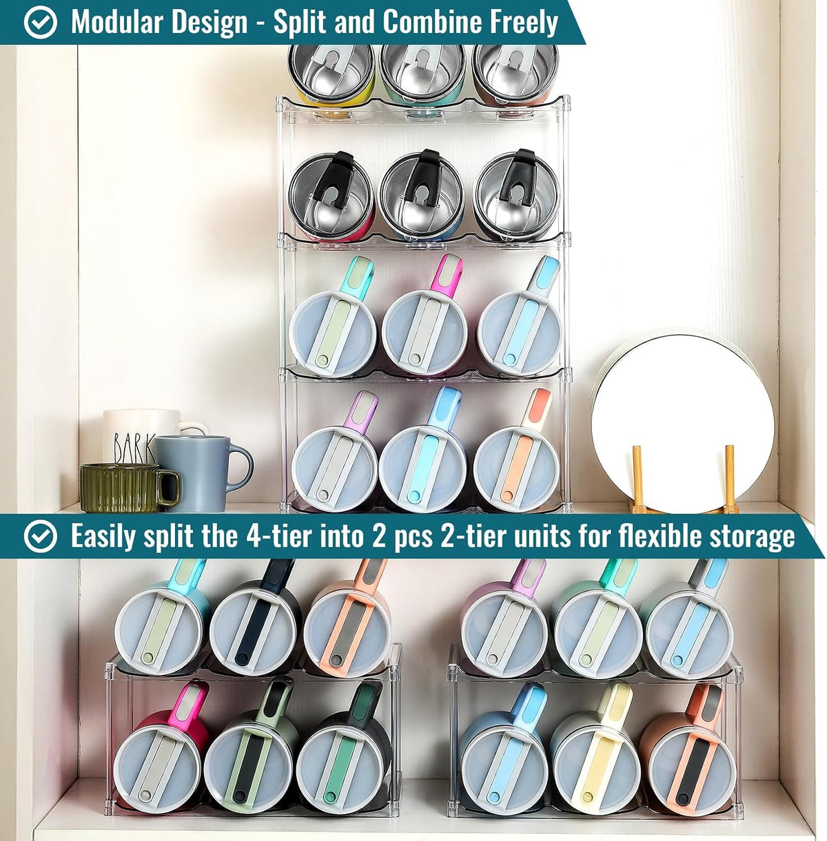 Acrylic Water Bottle Organizer, Hold Stanley 40 OZ Cup & Large Bottles & Tumblers w/Handle - Stackable Clear Bottle Holder Rack for Home Kitchen Pantry Shelf Countertop Cabinet, 4 Tier Hold 12