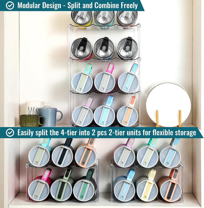 Acrylic Water Bottle Organizer, Hold Stanley 40 OZ Cup & Large Bottles & Tumblers w/Handle - Stackable Clear Bottle Holder Rack for Home Kitchen Pantry Shelf Countertop Cabinet, 4 Tier Hold 12
