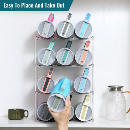 Acrylic Water Bottle Organizer, Hold Stanley 40 OZ Cup & Large Bottles & Tumblers w/Handle - Stackable Clear Bottle Holder Rack for Home Kitchen Pantry Shelf Countertop Cabinet, 4 Tier Hold 12
