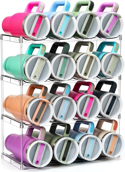 Acrylic Water Bottle Organizer, Hold Stanley 40 OZ Cup & Large Bottles & Tumblers w/Handle - Stackable Clear Bottle Holder Rack for Home Kitchen Pantry Shelf Countertop Cabinet, 4 Tier Hold 12