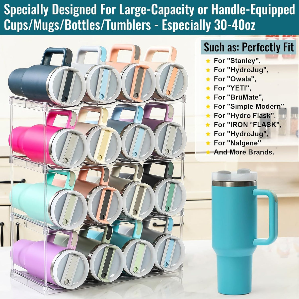 Acrylic Water Bottle Organizer, Hold Stanley 40 OZ Cup & Large Bottles & Tumblers w/Handle - Stackable Clear Bottle Holder Rack for Home Kitchen Pantry Shelf Countertop Cabinet, 4 Tier Hold 12