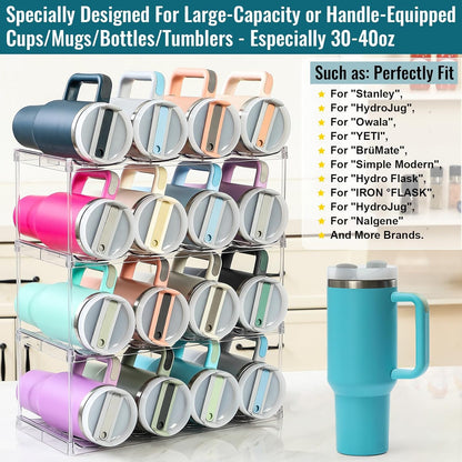 Acrylic Water Bottle Organizer, Hold Stanley 40 OZ Cup & Large Bottles & Tumblers w/Handle - Stackable Clear Bottle Holder Rack for Home Kitchen Pantry Shelf Countertop Cabinet, 4 Tier Hold 12