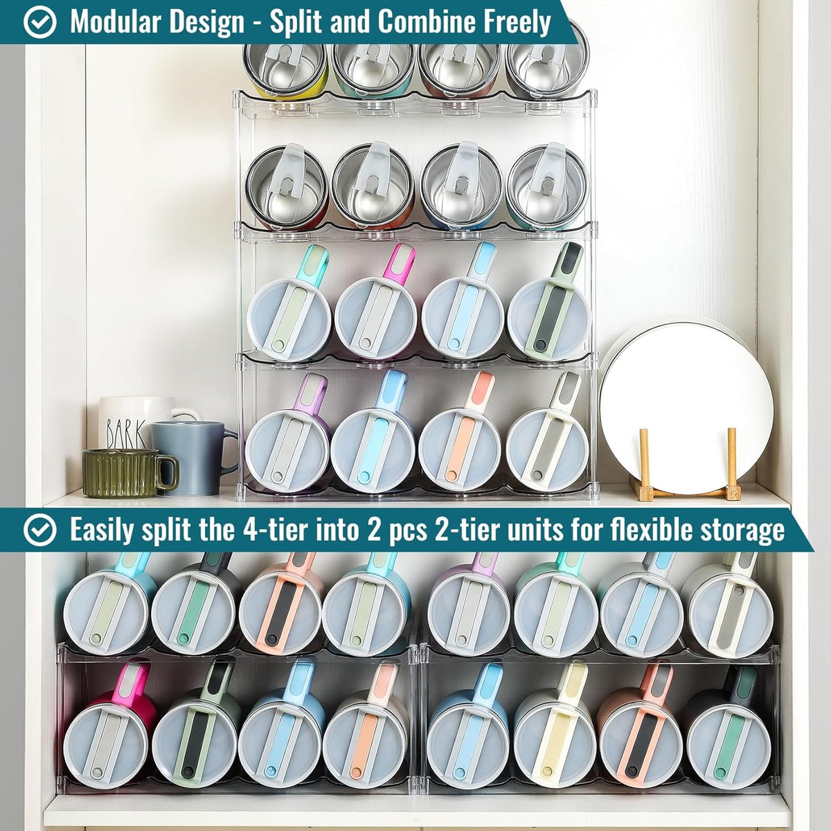 Acrylic Water Bottle Organizer, Hold Stanley 40 OZ Cup & Large Bottles & Tumblers w/Handle - Stackable Clear Bottle Holder Rack for Home Kitchen Pantry Shelf Countertop Cabinet, 4 Tier Hold 12