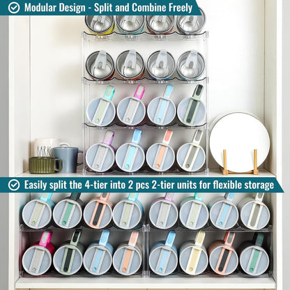 Acrylic Water Bottle Organizer, Hold Stanley 40 OZ Cup & Large Bottles & Tumblers w/Handle - Stackable Clear Bottle Holder Rack for Home Kitchen Pantry Shelf Countertop Cabinet, 4 Tier Hold 12