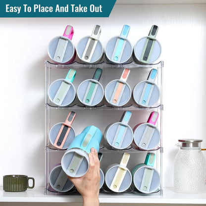 Acrylic Water Bottle Organizer, Hold Stanley 40 OZ Cup & Large Bottles & Tumblers w/Handle - Stackable Clear Bottle Holder Rack for Home Kitchen Pantry Shelf Countertop Cabinet, 4 Tier Hold 12