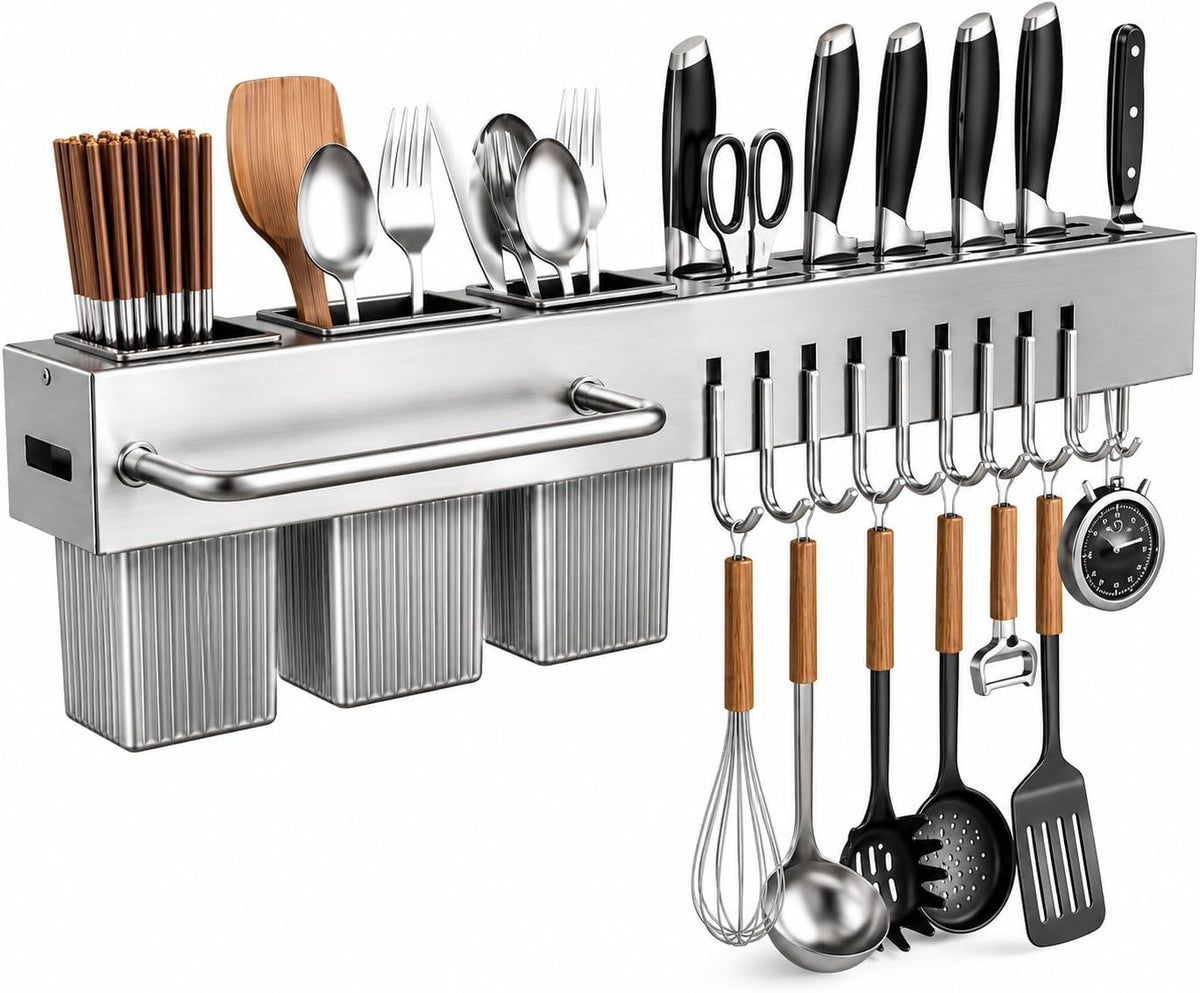 Kitchen Utensil Rack Wall Mount 24 Inch, Kitchen Utensil Hanger & Utensil Rail with 10 Hooks, 3 Storage Cups and Knife Holder, Kitchen Utensil Hanging Rack, No Drill Adhesive or Screw Installation