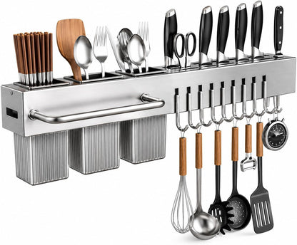 Kitchen Utensil Rack Wall Mount 24 Inch, Kitchen Utensil Hanger & Utensil Rail with 10 Hooks, 3 Storage Cups and Knife Holder, Kitchen Utensil Hanging Rack, No Drill Adhesive or Screw Installation