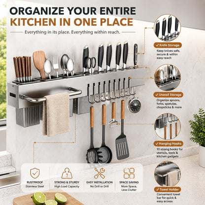 Kitchen Utensil Rack Wall Mount 24 Inch, Kitchen Utensil Hanger & Utensil Rail with 10 Hooks, 3 Storage Cups and Knife Holder, Kitchen Utensil Hanging Rack, No Drill Adhesive or Screw Installation