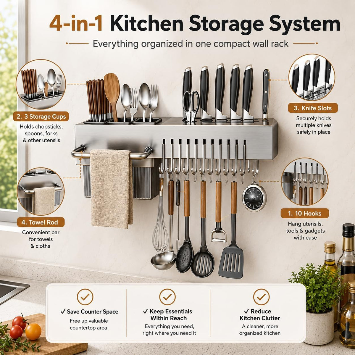 Kitchen Utensil Rack Wall Mount 24 Inch, Kitchen Utensil Hanger & Utensil Rail with 10 Hooks, 3 Storage Cups and Knife Holder, Kitchen Utensil Hanging Rack, No Drill Adhesive or Screw Installation