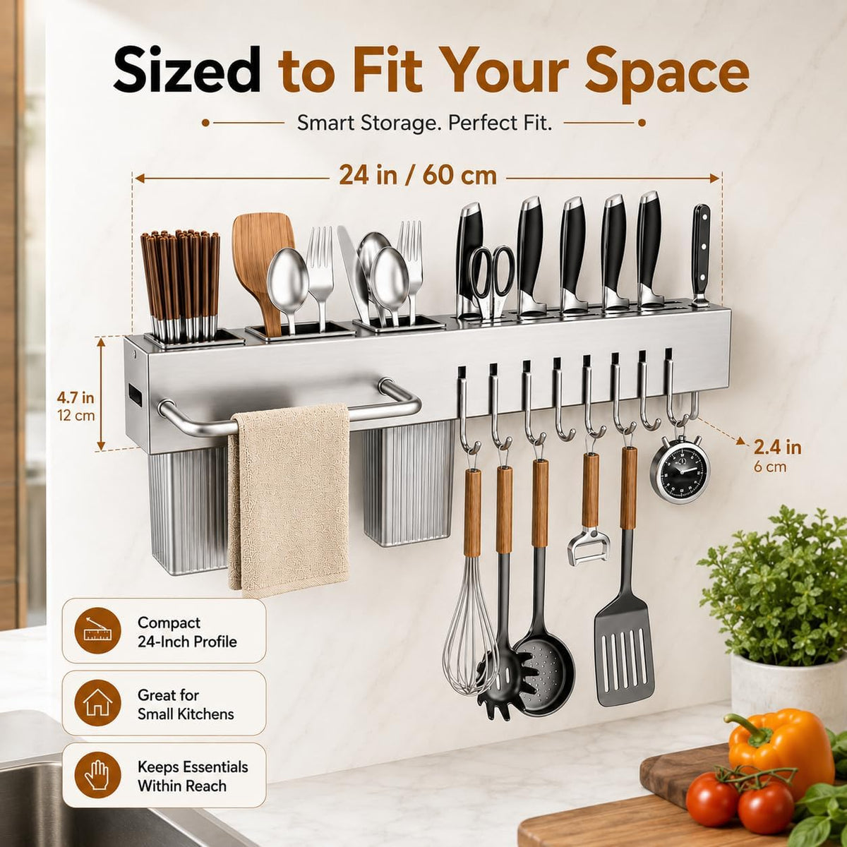 Kitchen Utensil Rack Wall Mount 24 Inch, Kitchen Utensil Hanger & Utensil Rail with 10 Hooks, 3 Storage Cups and Knife Holder, Kitchen Utensil Hanging Rack, No Drill Adhesive or Screw Installation
