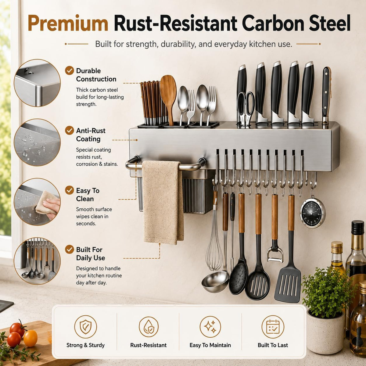 Kitchen Utensil Rack Wall Mount 24 Inch, Kitchen Utensil Hanger & Utensil Rail with 10 Hooks, 3 Storage Cups and Knife Holder, Kitchen Utensil Hanging Rack, No Drill Adhesive or Screw Installation
