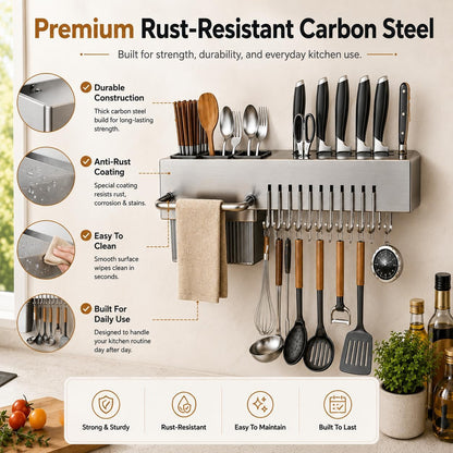 Kitchen Utensil Rack Wall Mount 24 Inch, Kitchen Utensil Hanger & Utensil Rail with 10 Hooks, 3 Storage Cups and Knife Holder, Kitchen Utensil Hanging Rack, No Drill Adhesive or Screw Installation