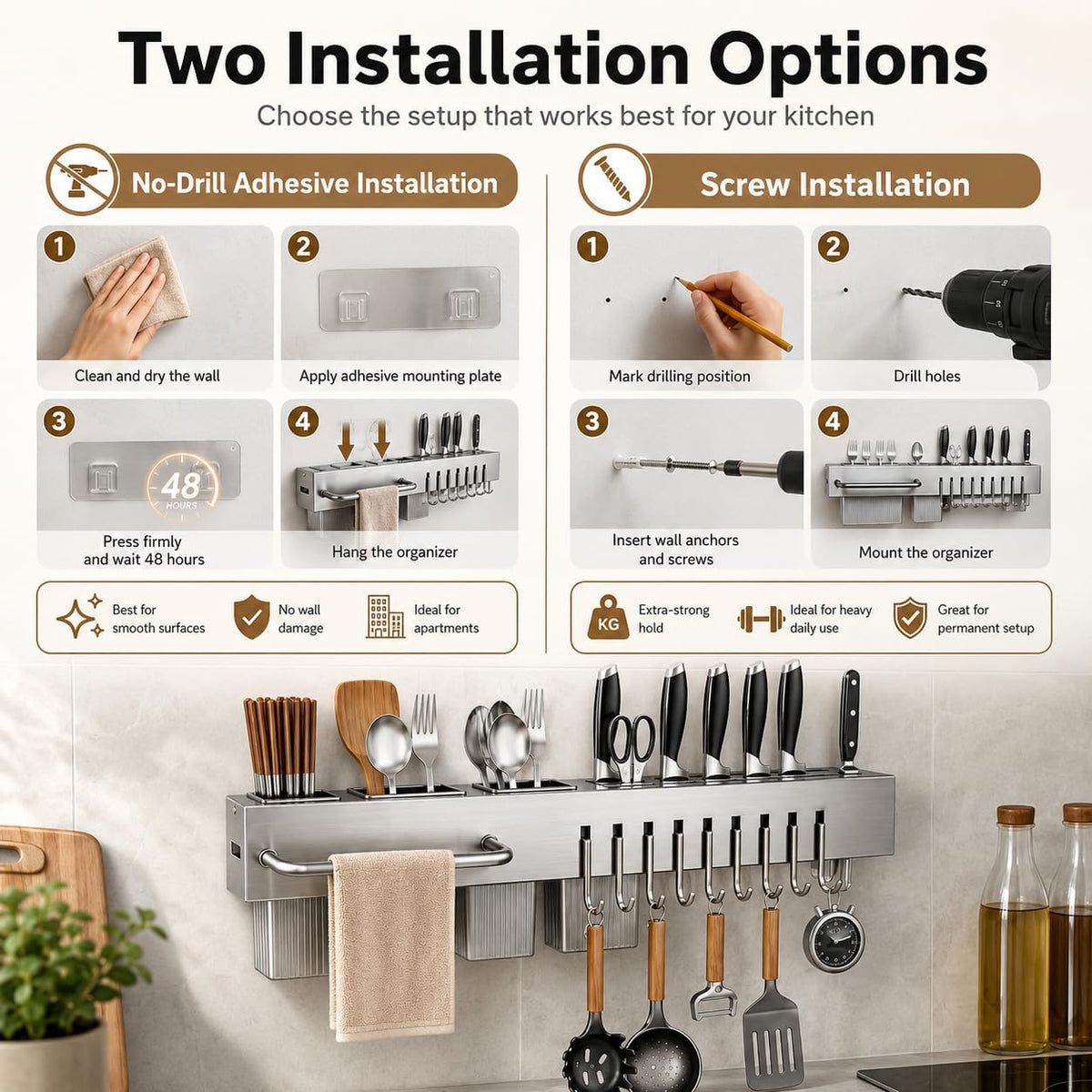 Kitchen Utensil Rack Wall Mount 24 Inch, Kitchen Utensil Hanger & Utensil Rail with 10 Hooks, 3 Storage Cups and Knife Holder, Kitchen Utensil Hanging Rack, No Drill Adhesive or Screw Installation
