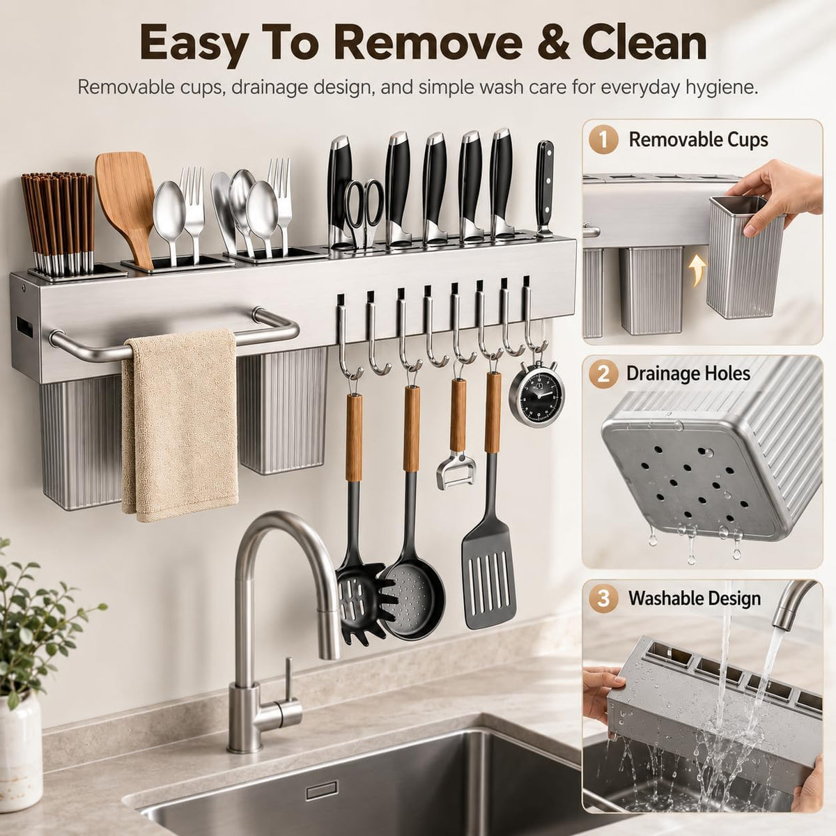 Kitchen Utensil Rack Wall Mount 24 Inch, Kitchen Utensil Hanger & Utensil Rail with 10 Hooks, 3 Storage Cups and Knife Holder, Kitchen Utensil Hanging Rack, No Drill Adhesive or Screw Installation