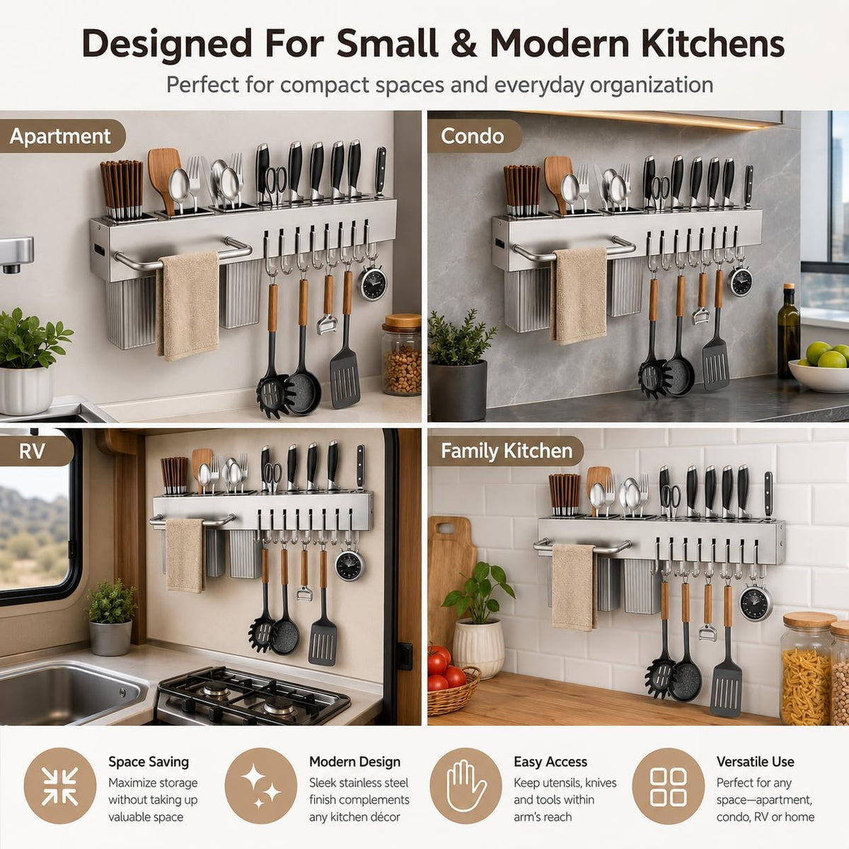 Kitchen Utensil Rack Wall Mount 24 Inch, Kitchen Utensil Hanger & Utensil Rail with 10 Hooks, 3 Storage Cups and Knife Holder, Kitchen Utensil Hanging Rack, No Drill Adhesive or Screw Installation