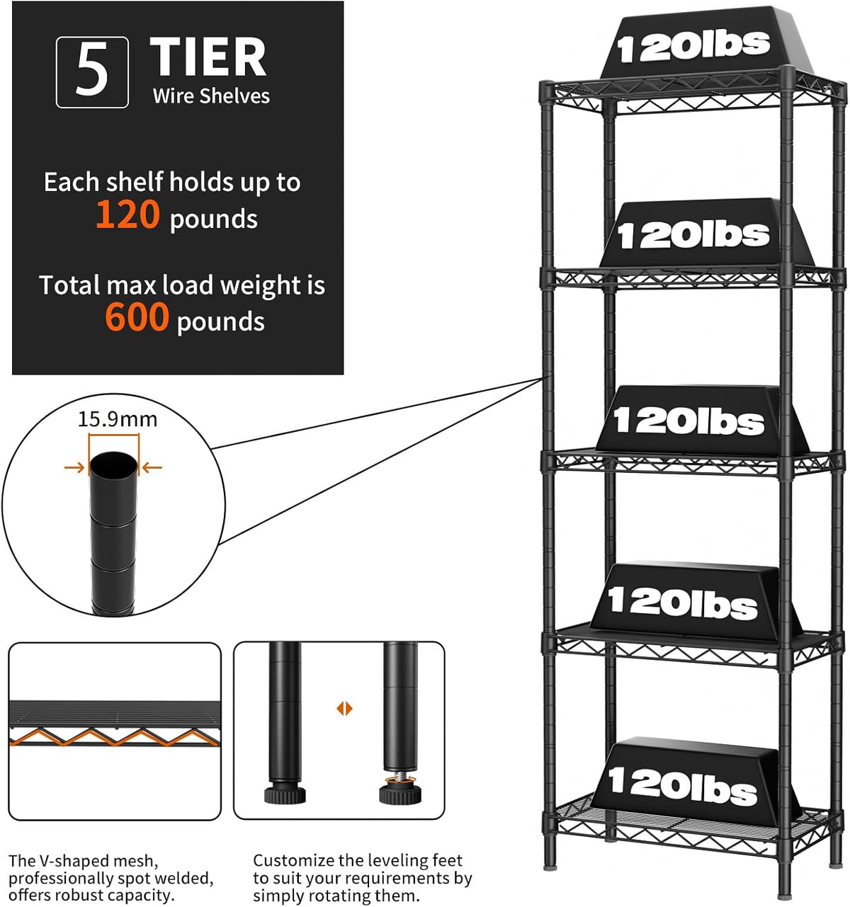 5Tier Adjustable Storage Shelves Metal Wire Shelving Standing Shelf