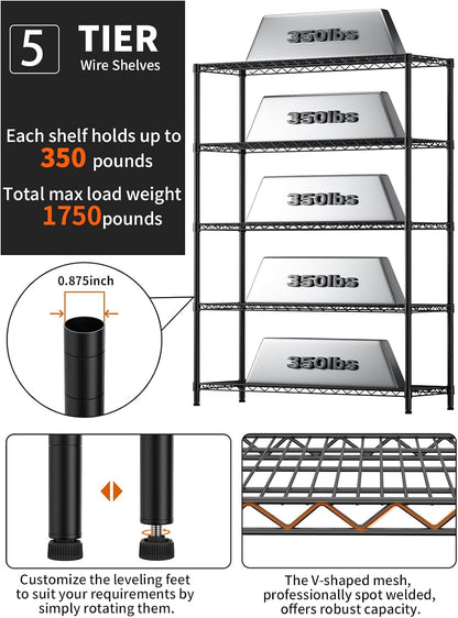 5Tier Adjustable Storage Shelves Metal Wire Shelving Standing Shelf